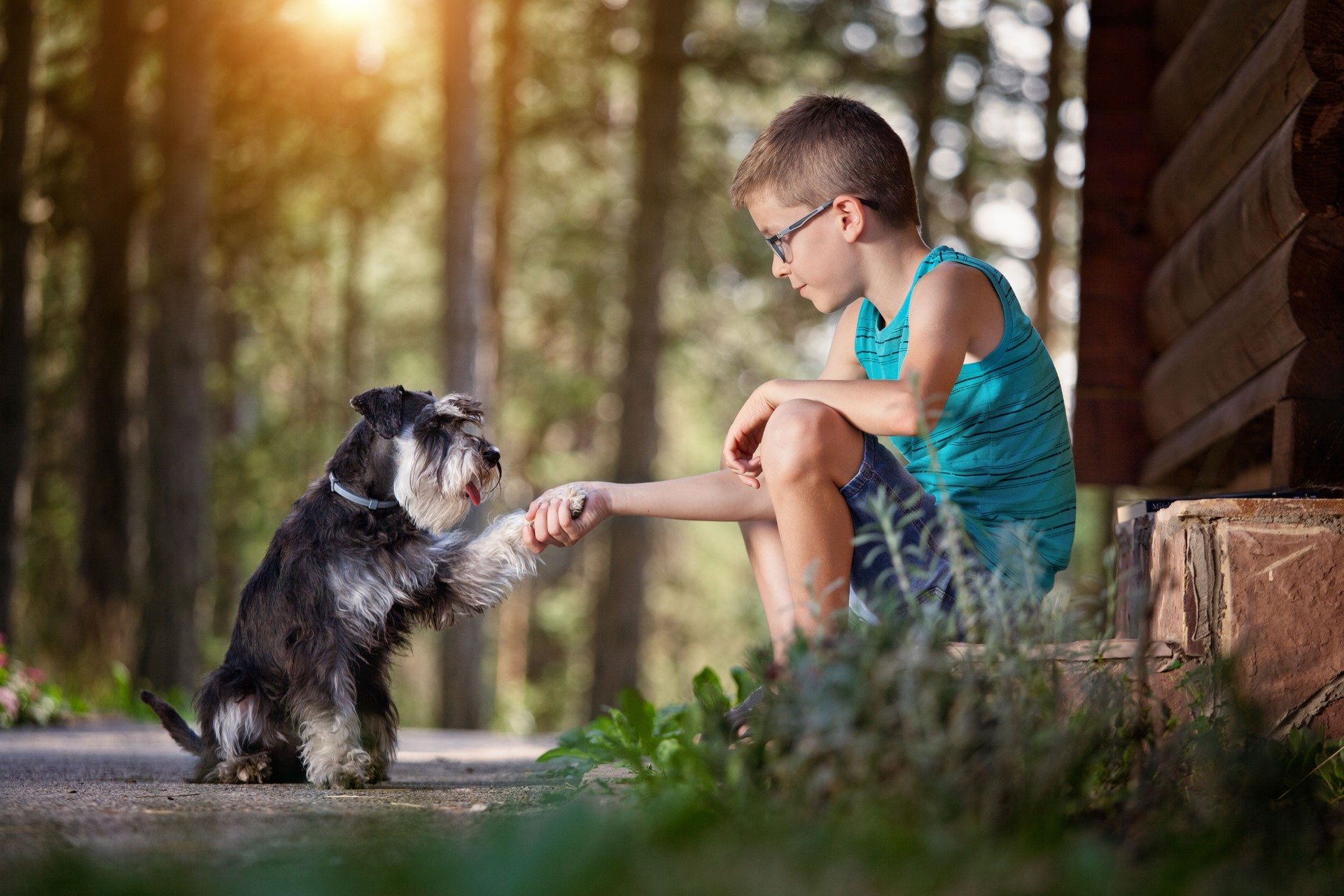 Muchacho hermoso con su mejor amigo-perro